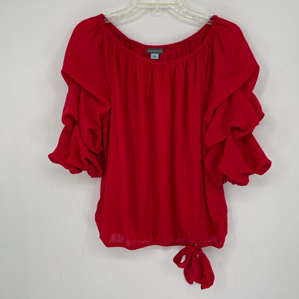 Vince Camuto Women's Red Ruffle Sleeve Tie Hem Holiday Chic Top Blouse Size L